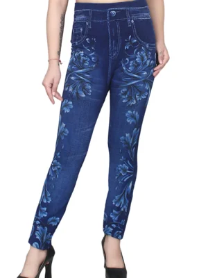 Sagvish Womens Blue White Flower Jeggings